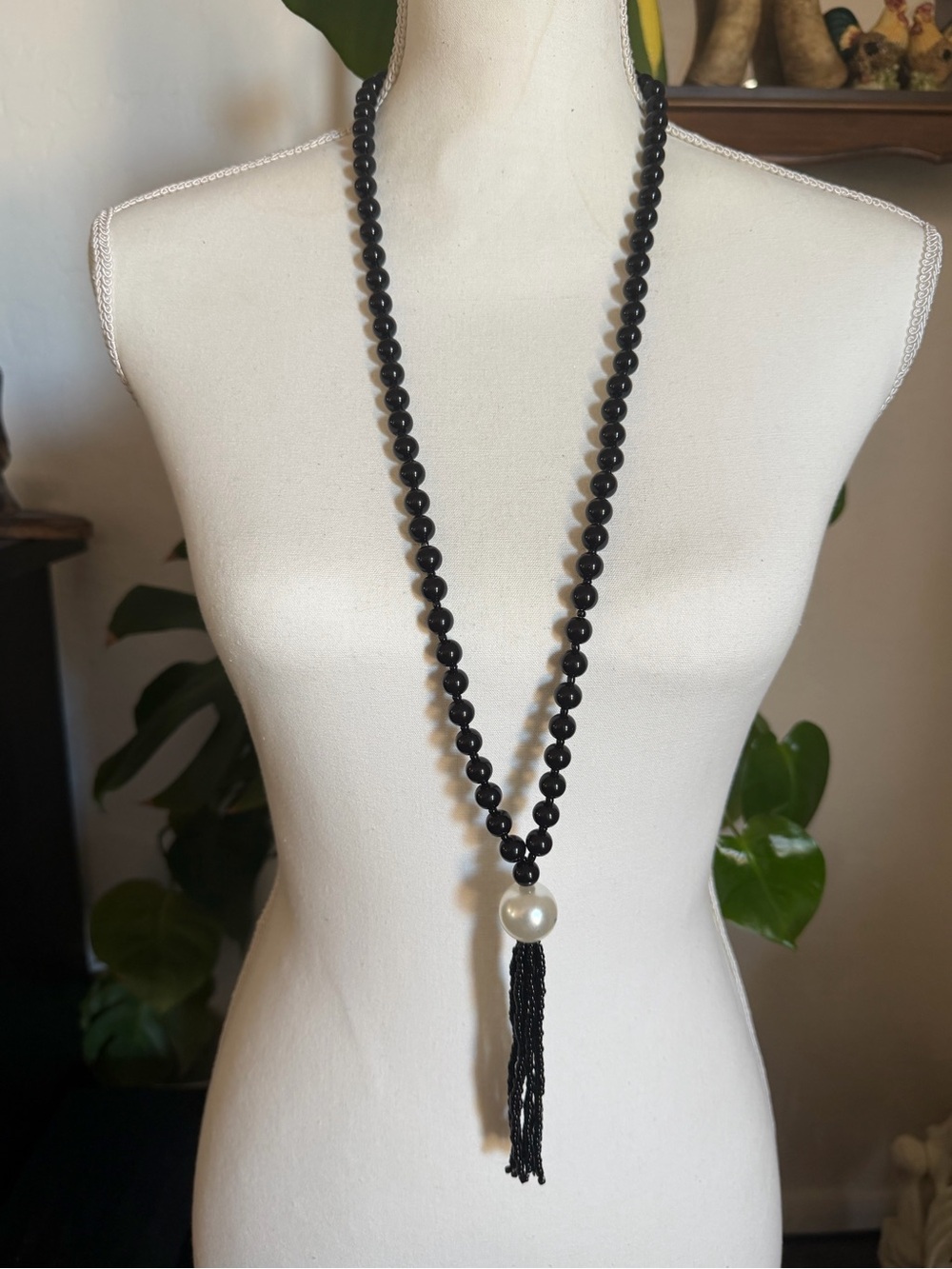 Vintage Big Black Lucite Beads & Large Pearl Beaded Tassel Necklace